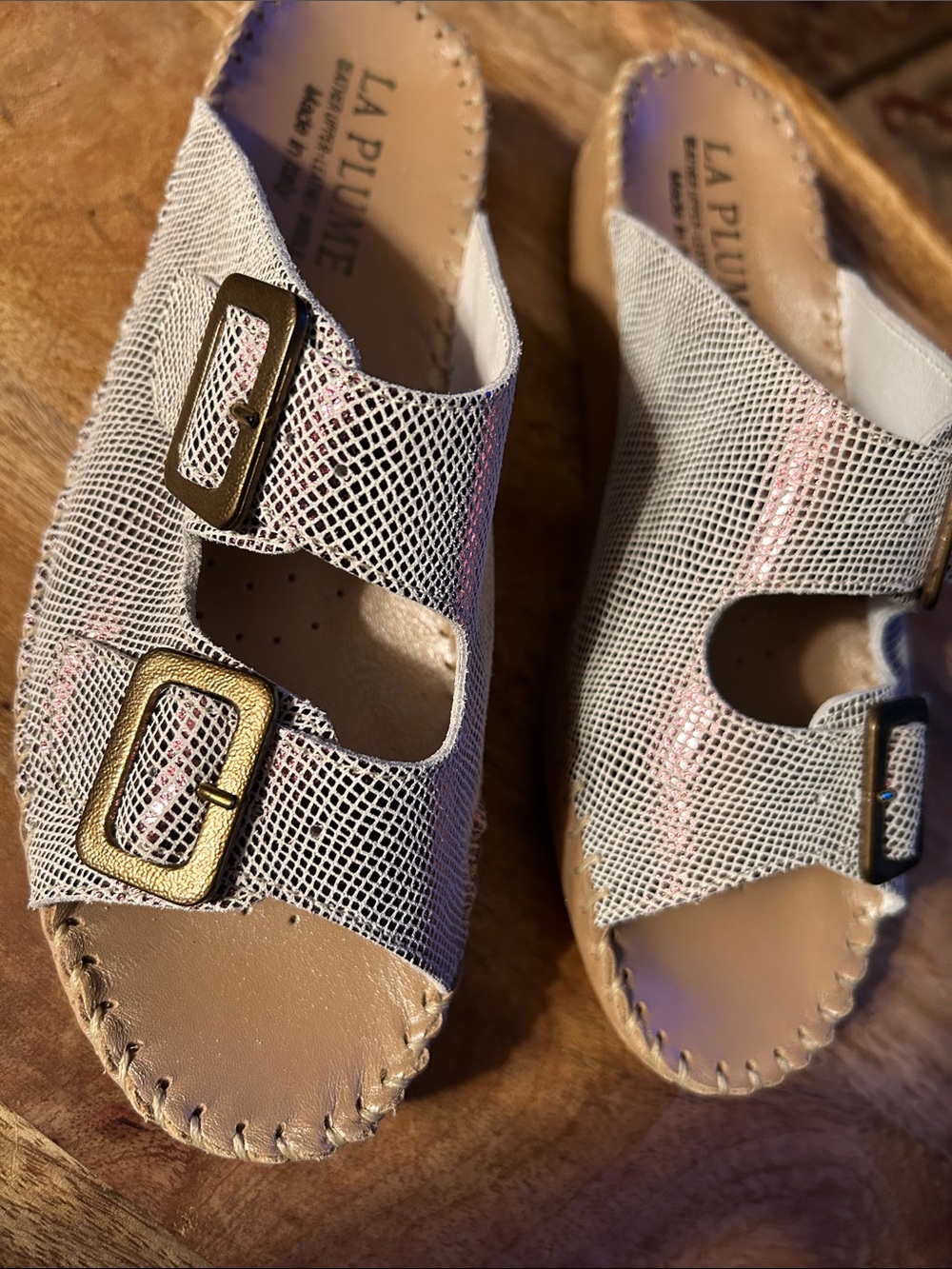 La Plume White Metallic Buckle Slide Sandals for Women